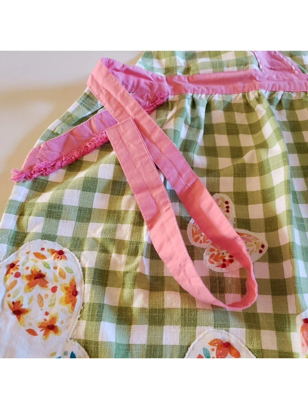 Happy Easter Cotton Bib Apron Green Check Pink Trim Embroidered Kitchen Cook